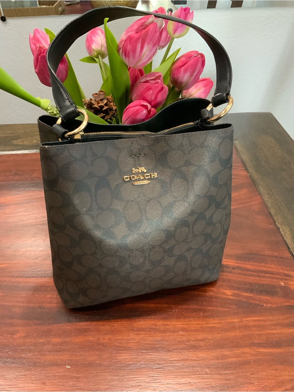 Coach Black Signature Canvas Bucket Shoulder Bag with Gold Hardware